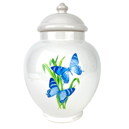 Vtg FTD Ginger Jar Urn Vase w/ Lid Blue Butterfly Cottagecore Storage Trinket
