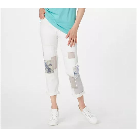 LOGO Lavish by Lori Goldstein Regular Alabaster Boyfriend Jeans Cuffed Womens 14