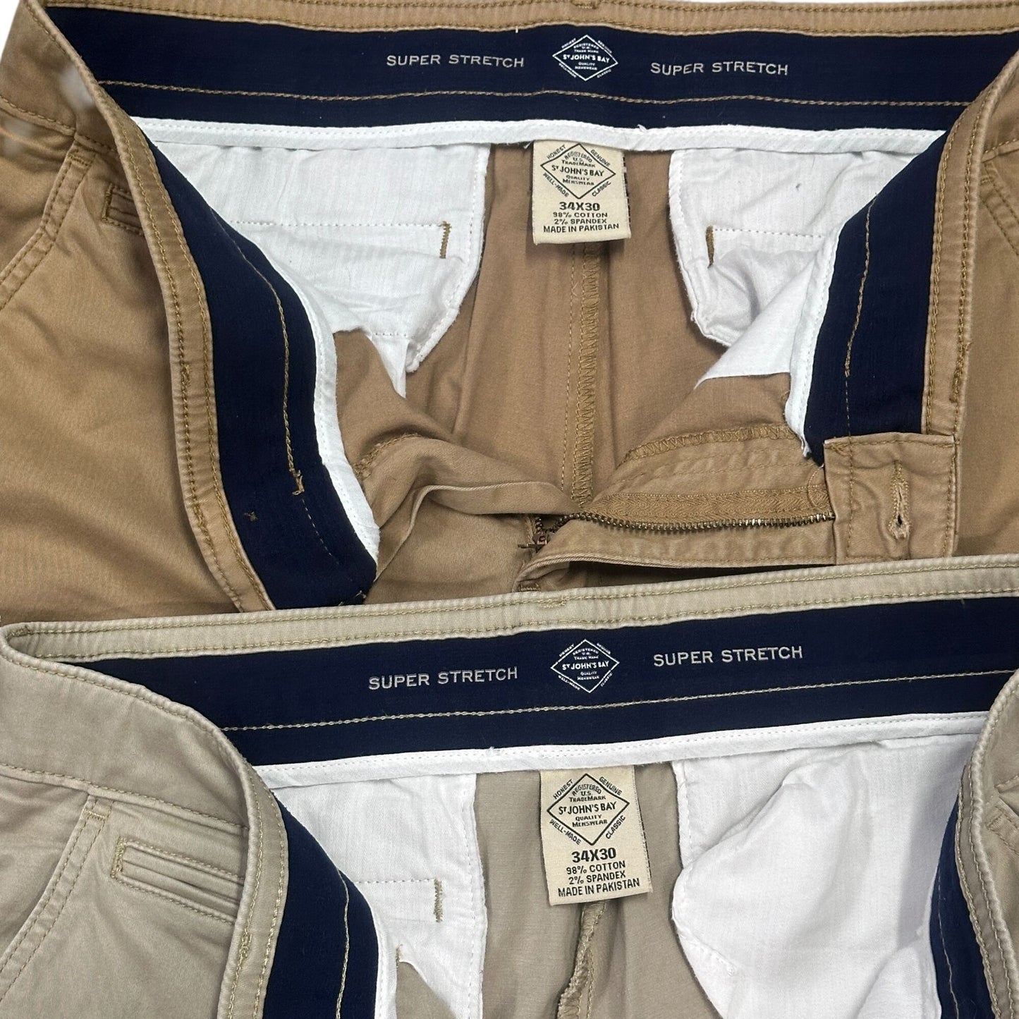 St Johns Bay Slacks Lot of 2 Khaki & Tan Super Stretch 34x30 Office Wear Business