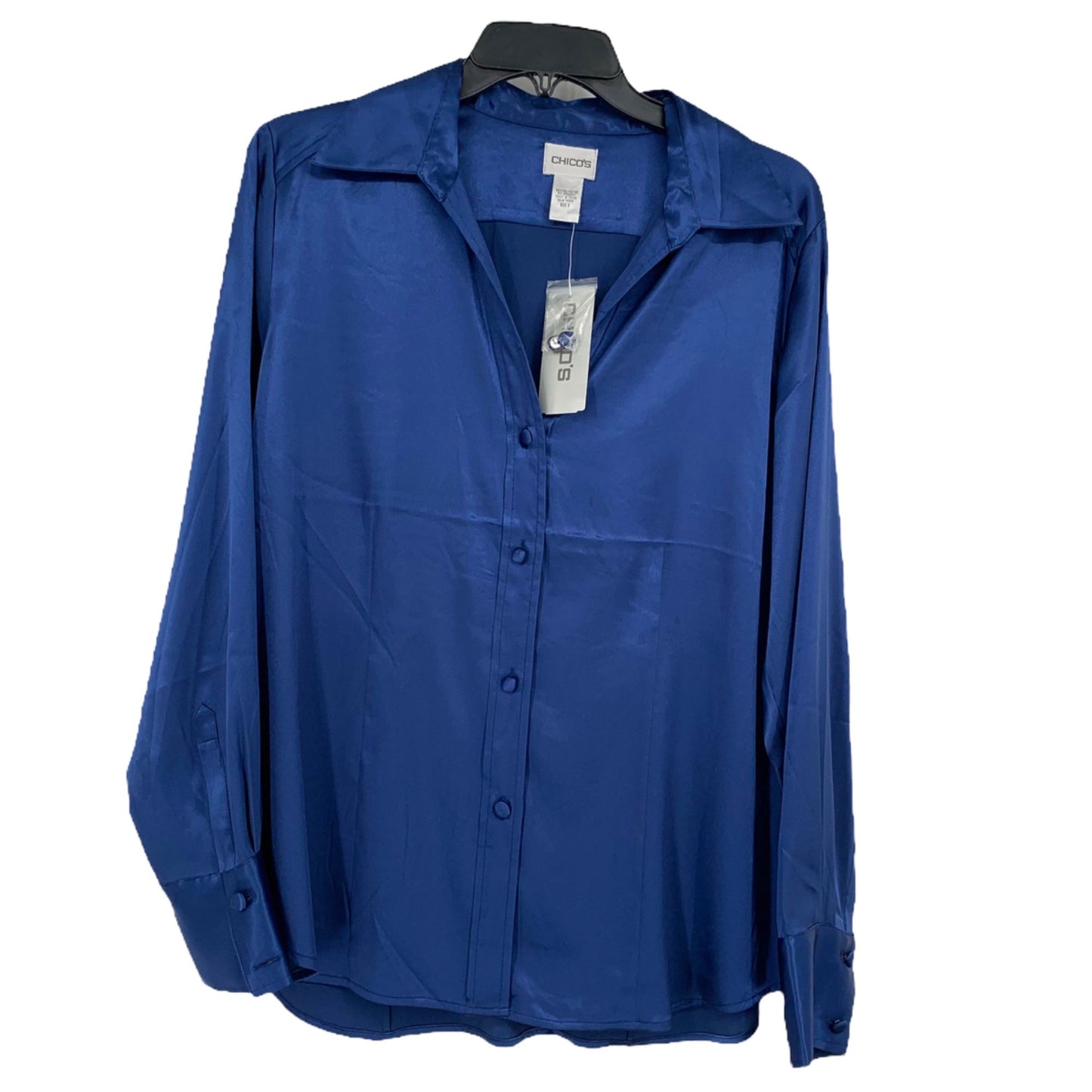 NWT Chicos Womens L Blue Silky Splendor Button Front Shirt Cuff Sara Beth Blouse