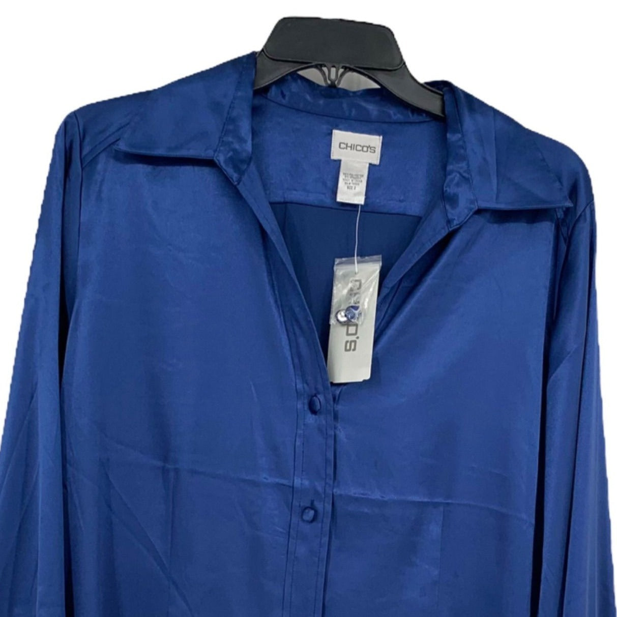 NWT Chicos Womens L Blue Silky Splendor Button Front Shirt Cuff Sara Beth Blouse