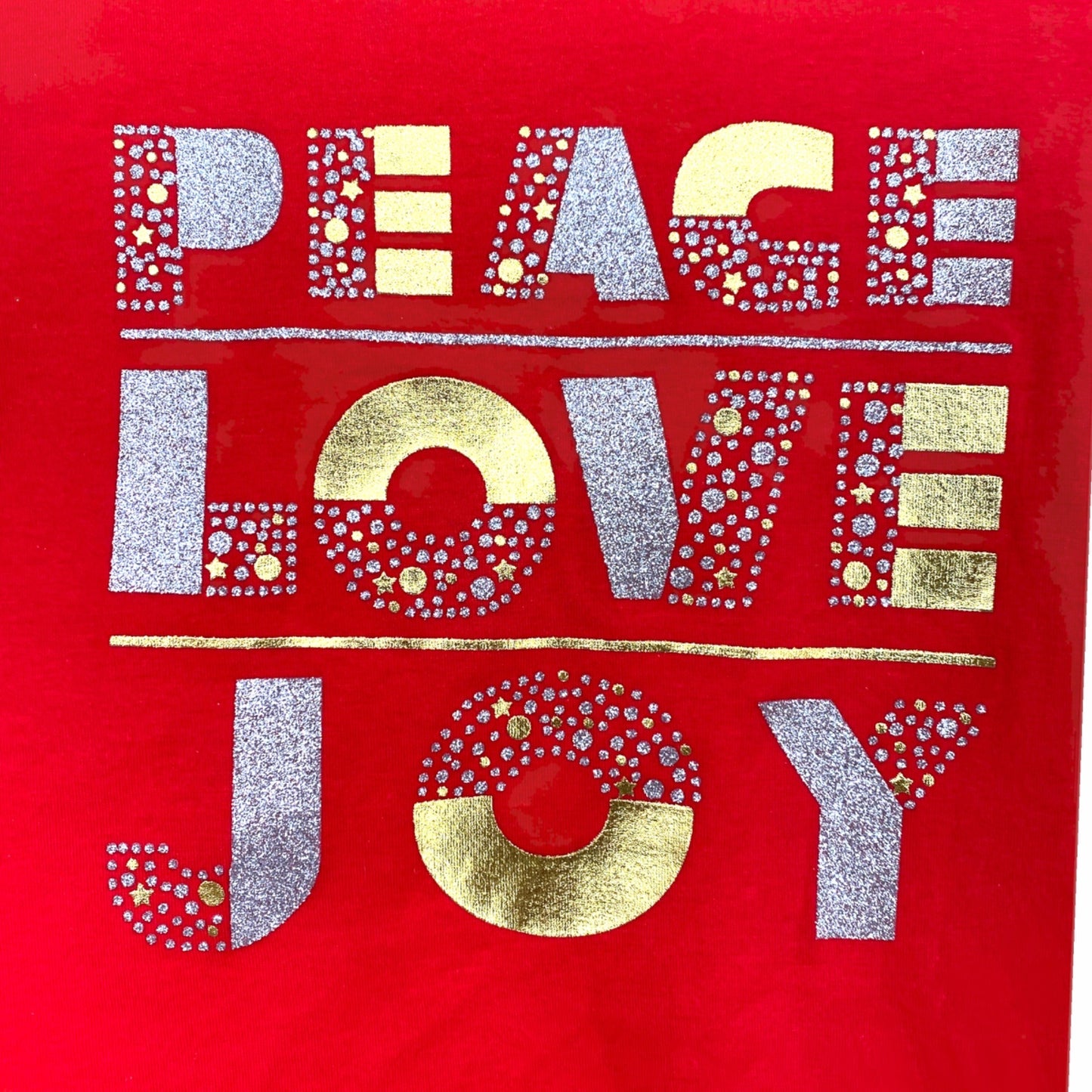 Xmas Novelty TShirt Holiday Time M Red Peace Love Joy Bling Casual Holiday Chic