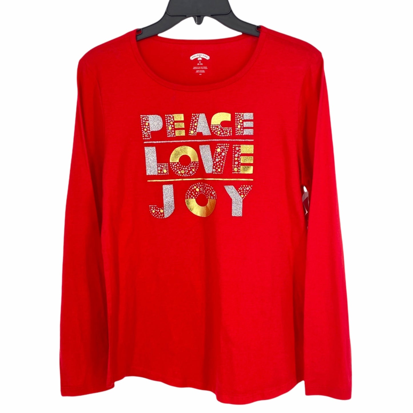Xmas Novelty TShirt Holiday Time M Red Peace Love Joy Bling Casual Holiday Chic