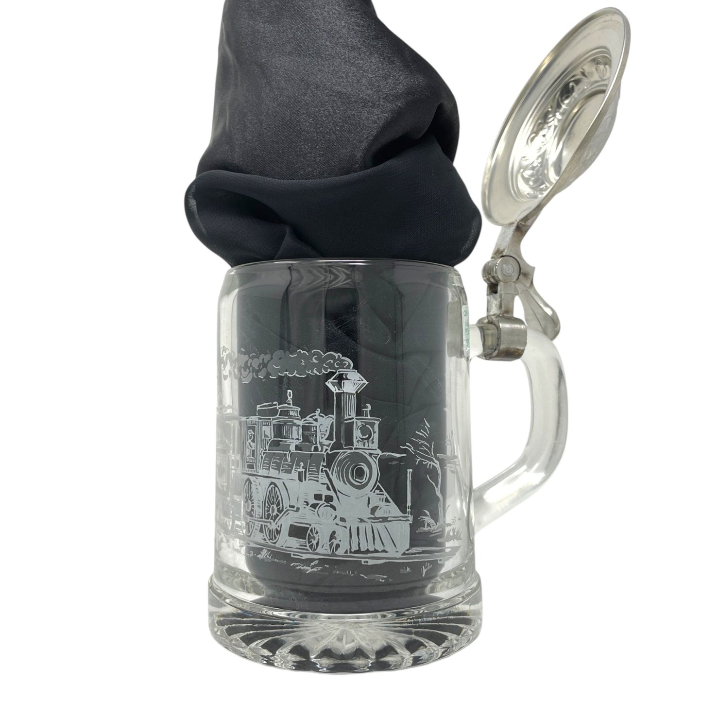 Vintage ALWE West Germany Glass Beer Stein Mug Pewter Lid Frosted Train Scene