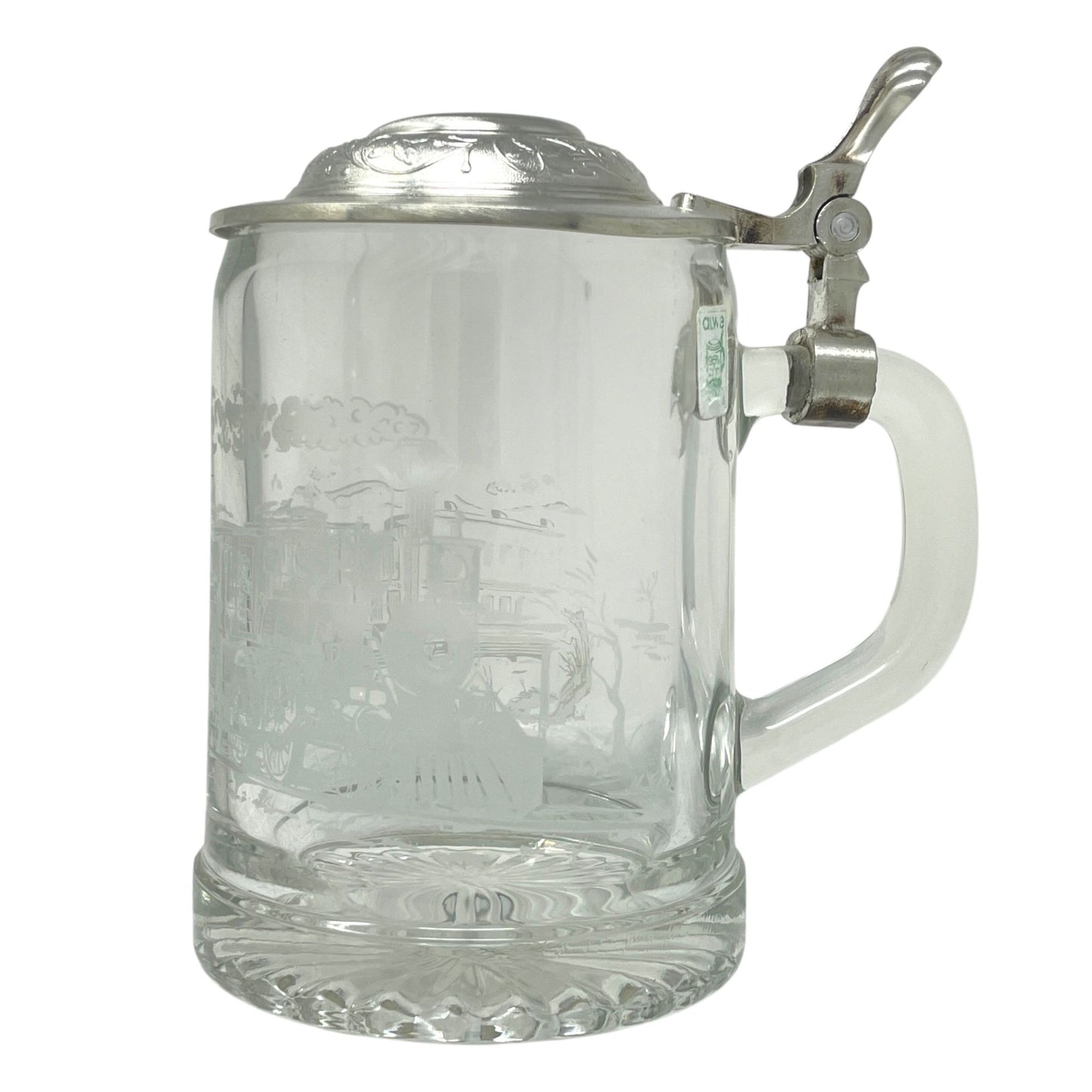 Vintage ALWE West Germany Glass Beer Stein Mug Pewter Lid Frosted Train Scene