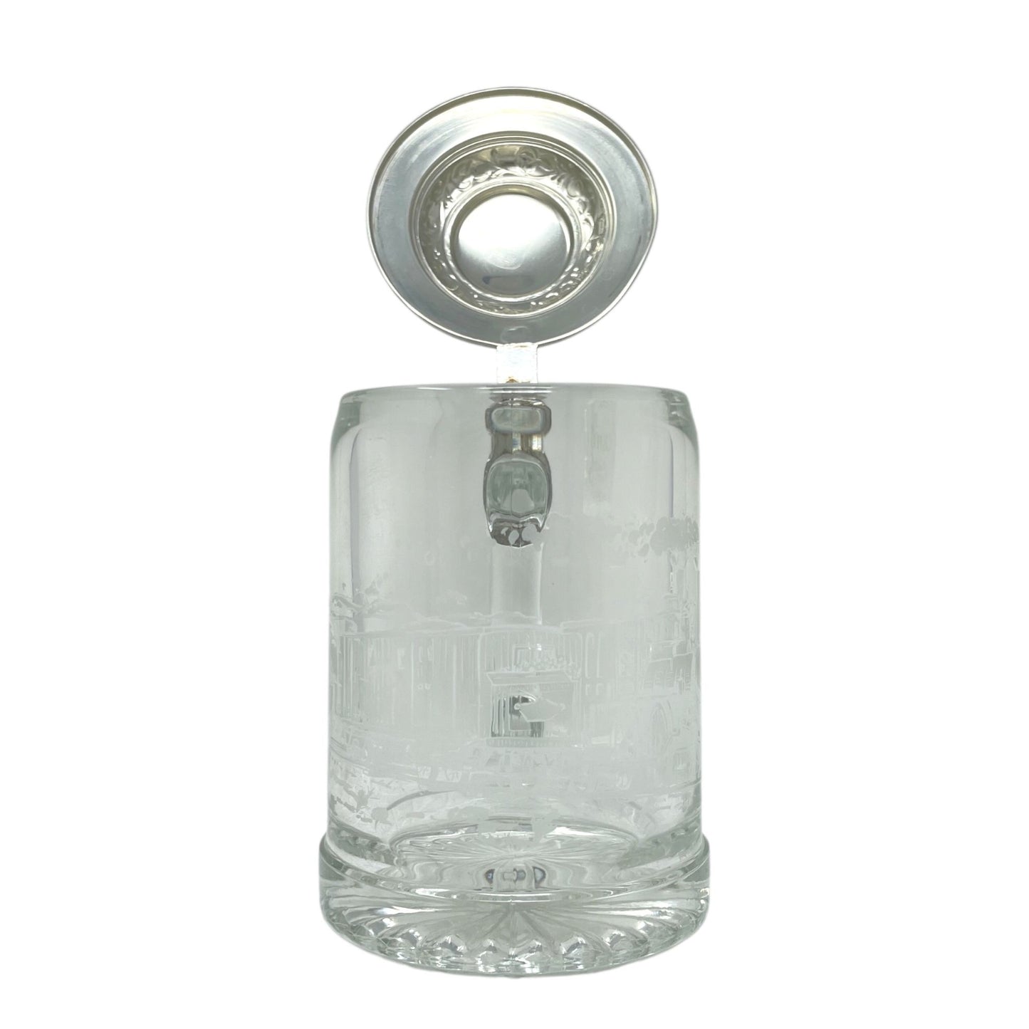 Vintage ALWE West Germany Glass Beer Stein Mug Pewter Lid Frosted Train Scene