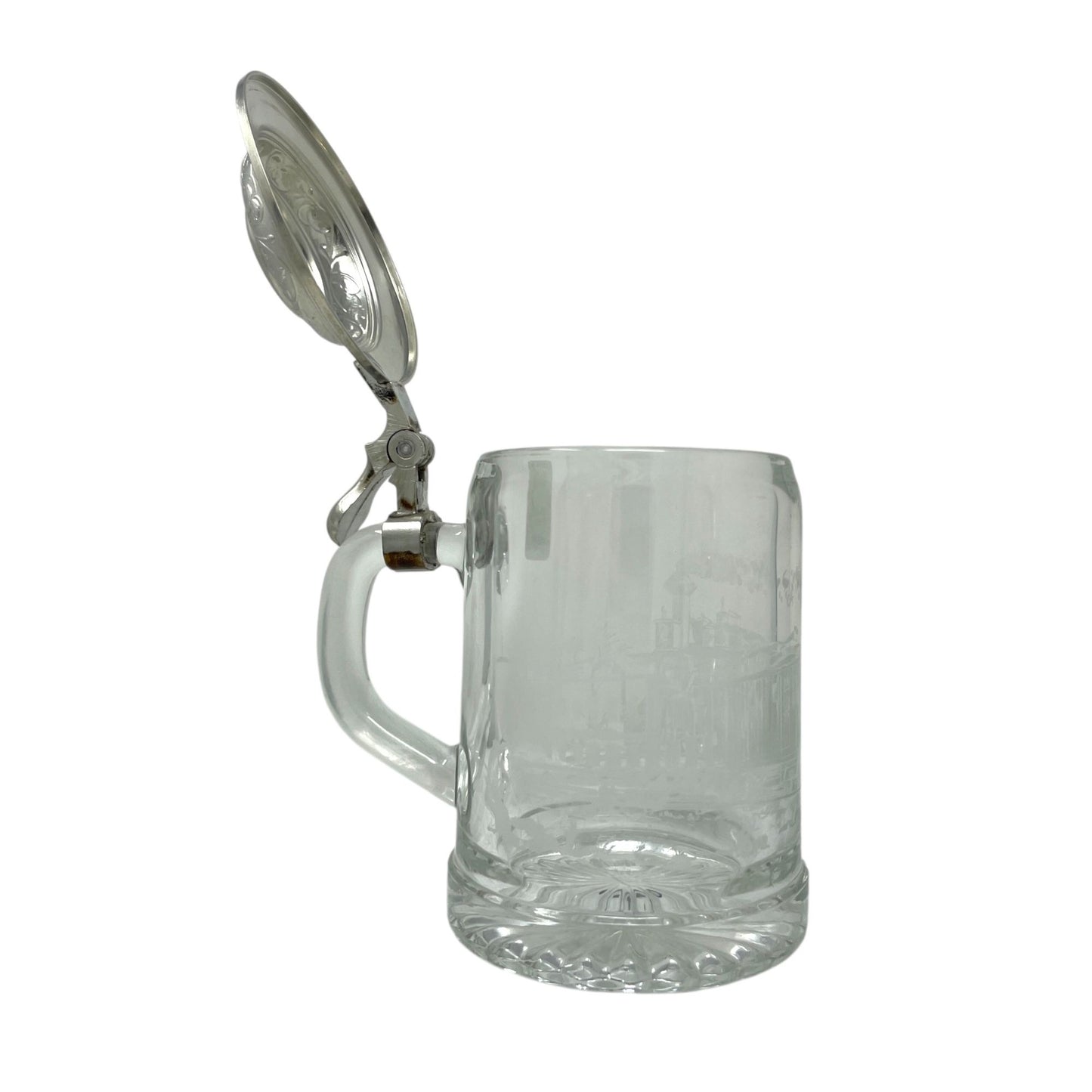 Vintage ALWE West Germany Glass Beer Stein Mug Pewter Lid Frosted Train Scene