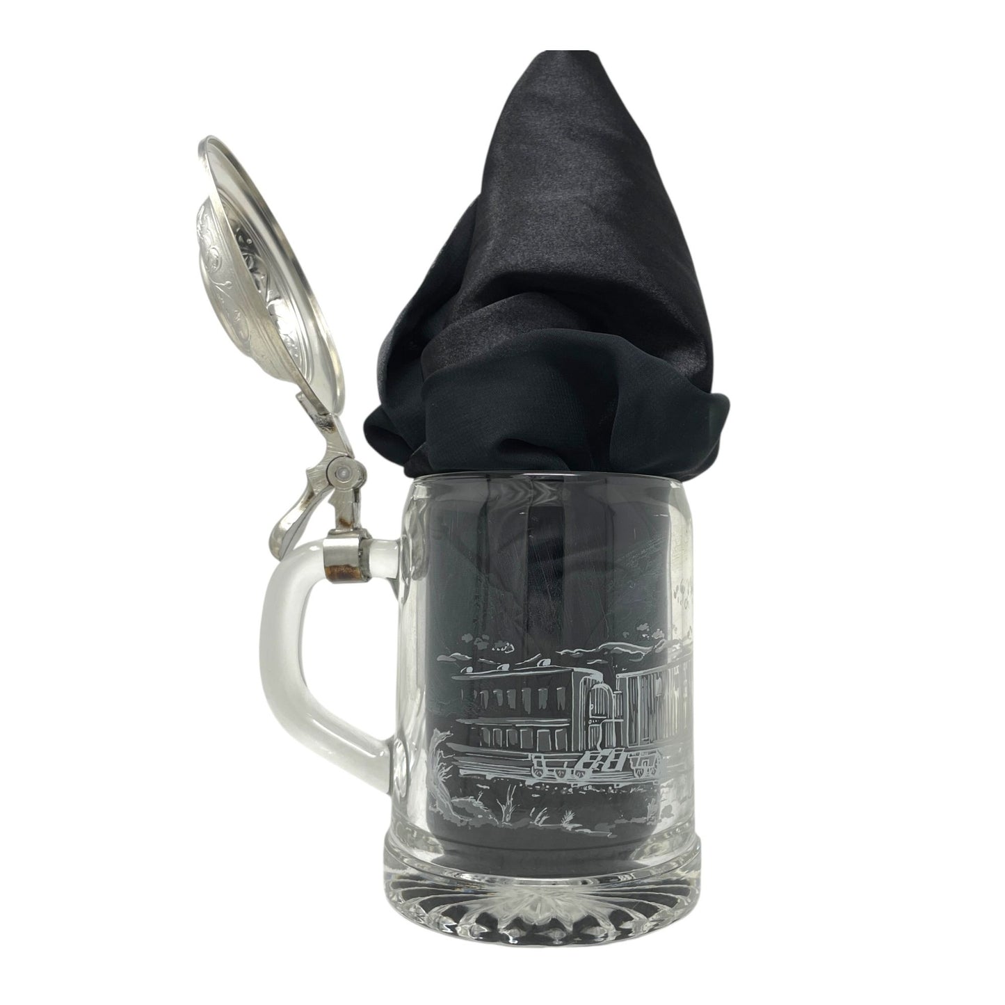 Vintage ALWE West Germany Glass Beer Stein Mug Pewter Lid Frosted Train Scene