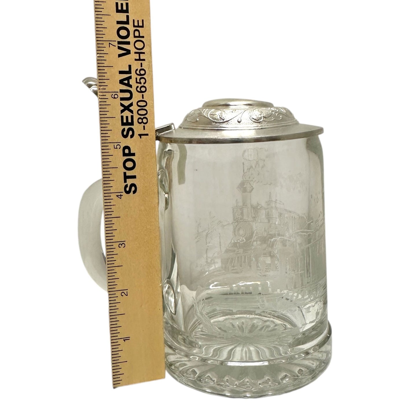 Vintage ALWE West Germany Glass Beer Stein Mug Pewter Lid Frosted Train Scene