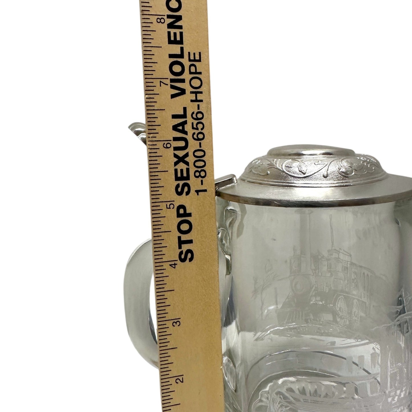 Vintage ALWE West Germany Glass Beer Stein Mug Pewter Lid Frosted Train Scene