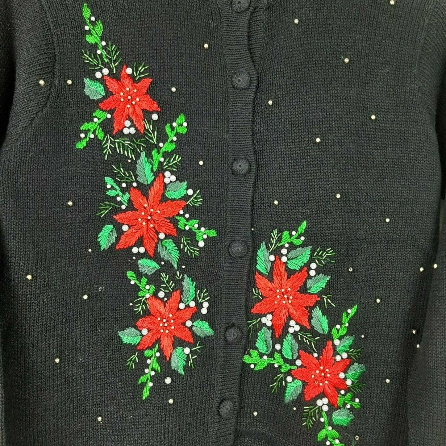 Vintage Victoria Jones S Black Christmas Cardigan Sweater Pearls Poinsettia