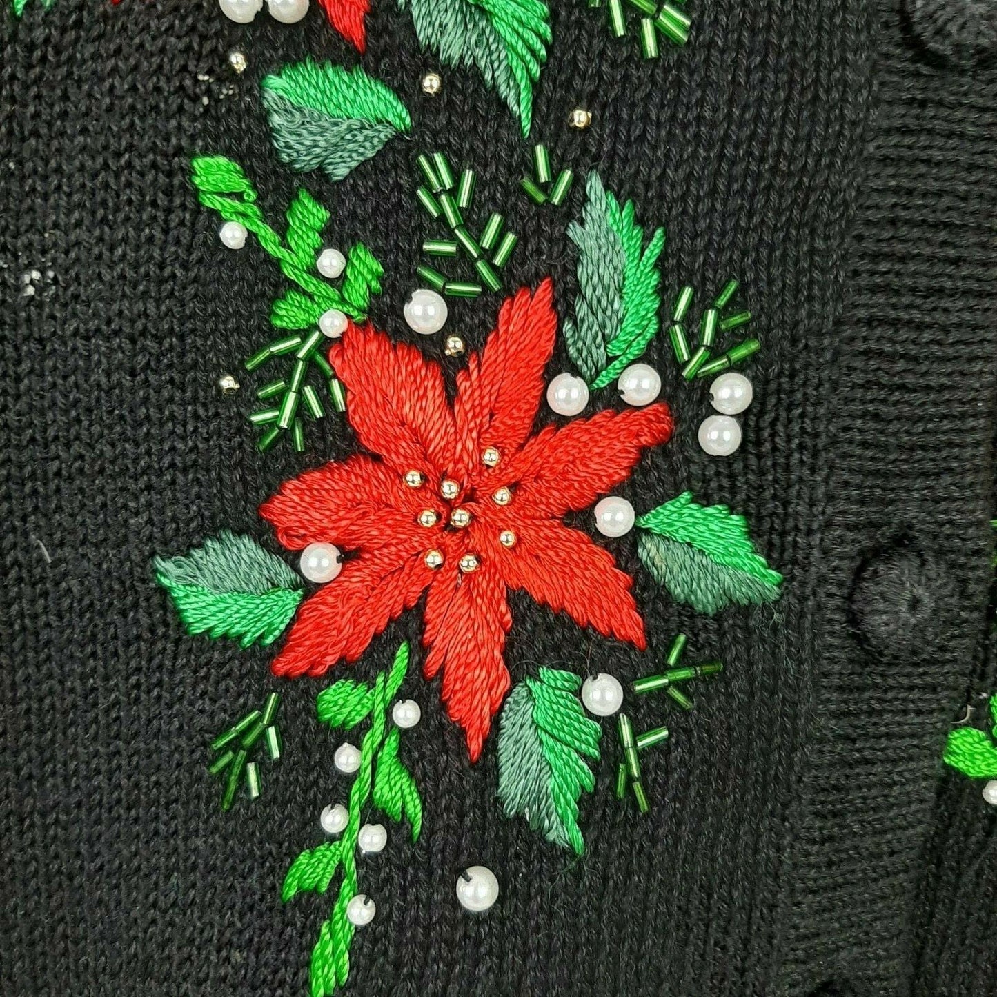 Vintage Victoria Jones S Black Christmas Cardigan Sweater Pearls Poinsettia