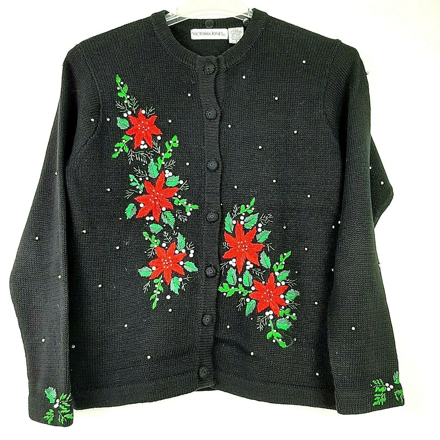 Vintage Victoria Jones S Black Christmas Cardigan Sweater Pearls Poinsettia