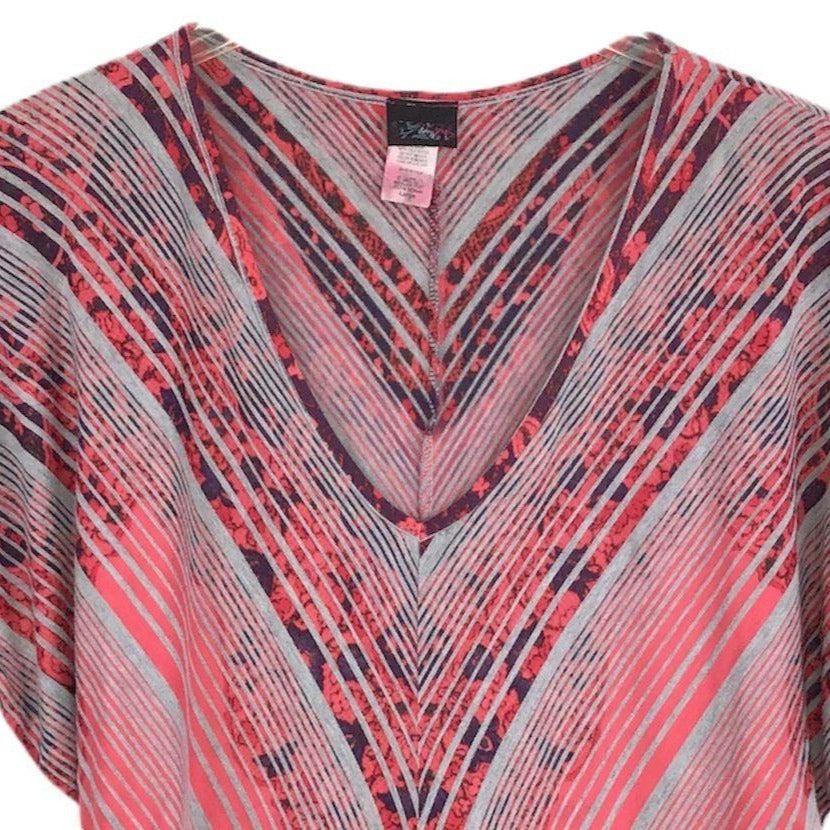 Y2K Daytrip Womens L Pink Gray Chevron V-Neck Poncho Top Southwestern Boho