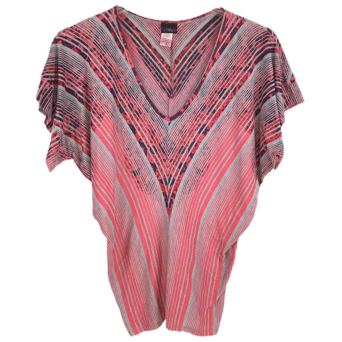 Y2K Daytrip Womens L Pink Gray Chevron V-Neck Poncho Top Southwestern Boho