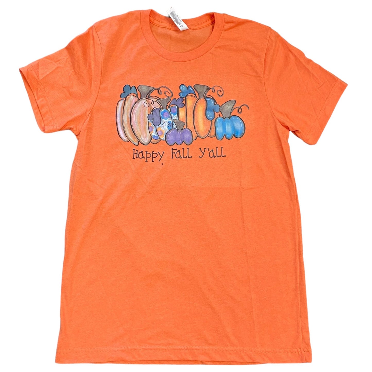 Thanksgiving Tshirt "Happy Fall Y'all" Pumpkins Fall Orange Canvas Womens M