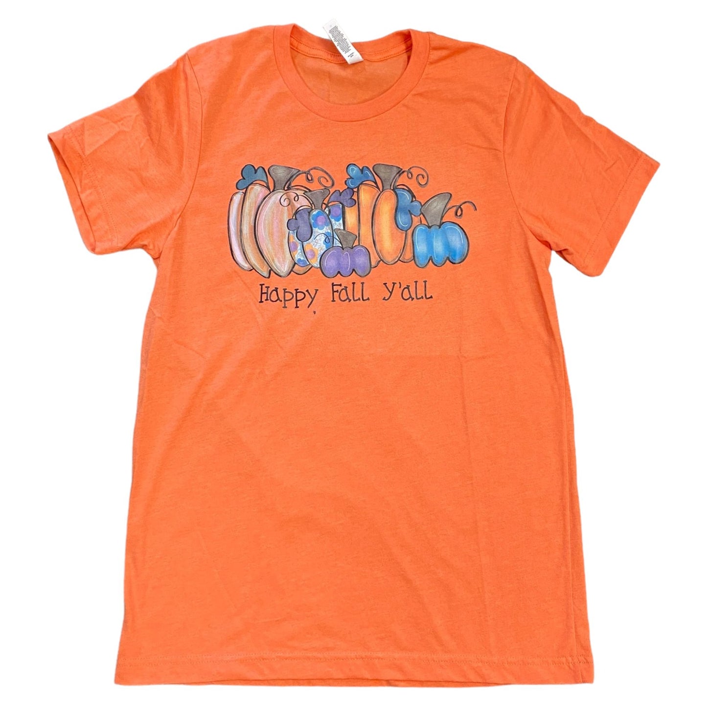 Thanksgiving Tshirt "Happy Fall Y'all" Pumpkins Fall Orange Canvas Womens M