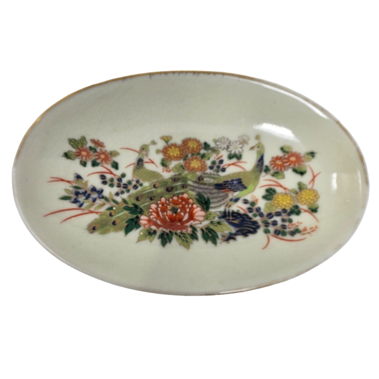 Vtg Pedestal Bowl Peacock Floral Japanese Hand Painted Ceramic Key Candy Dish