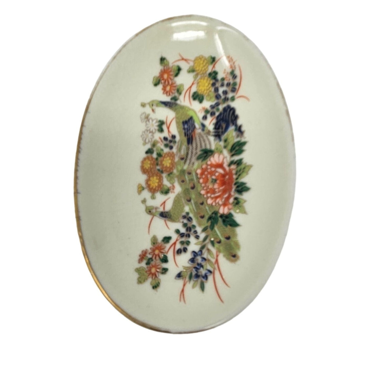 Vtg Pedestal Bowl Peacock Floral Japanese Hand Painted Ceramic Key Candy Dish