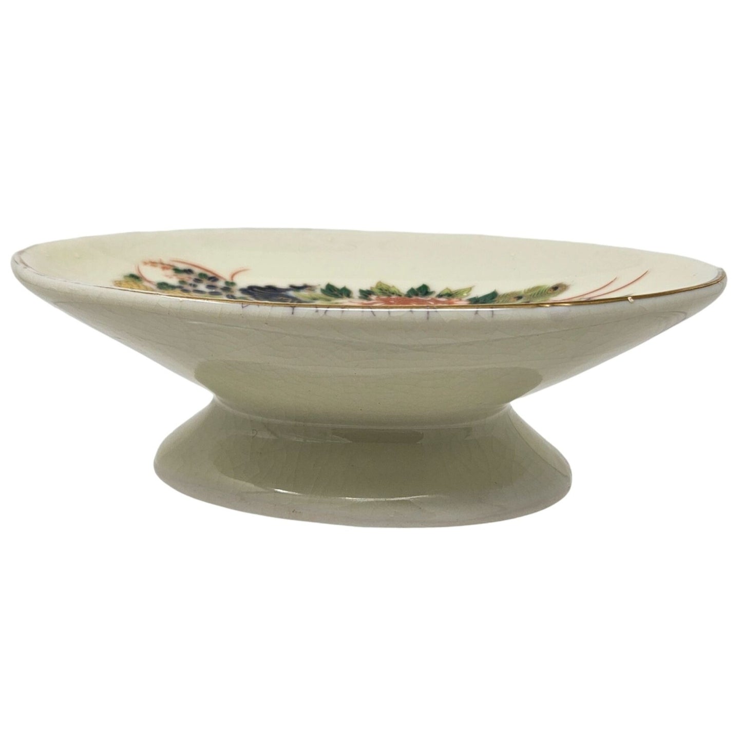 Vtg Pedestal Bowl Peacock Floral Japanese Hand Painted Ceramic Key Candy Dish