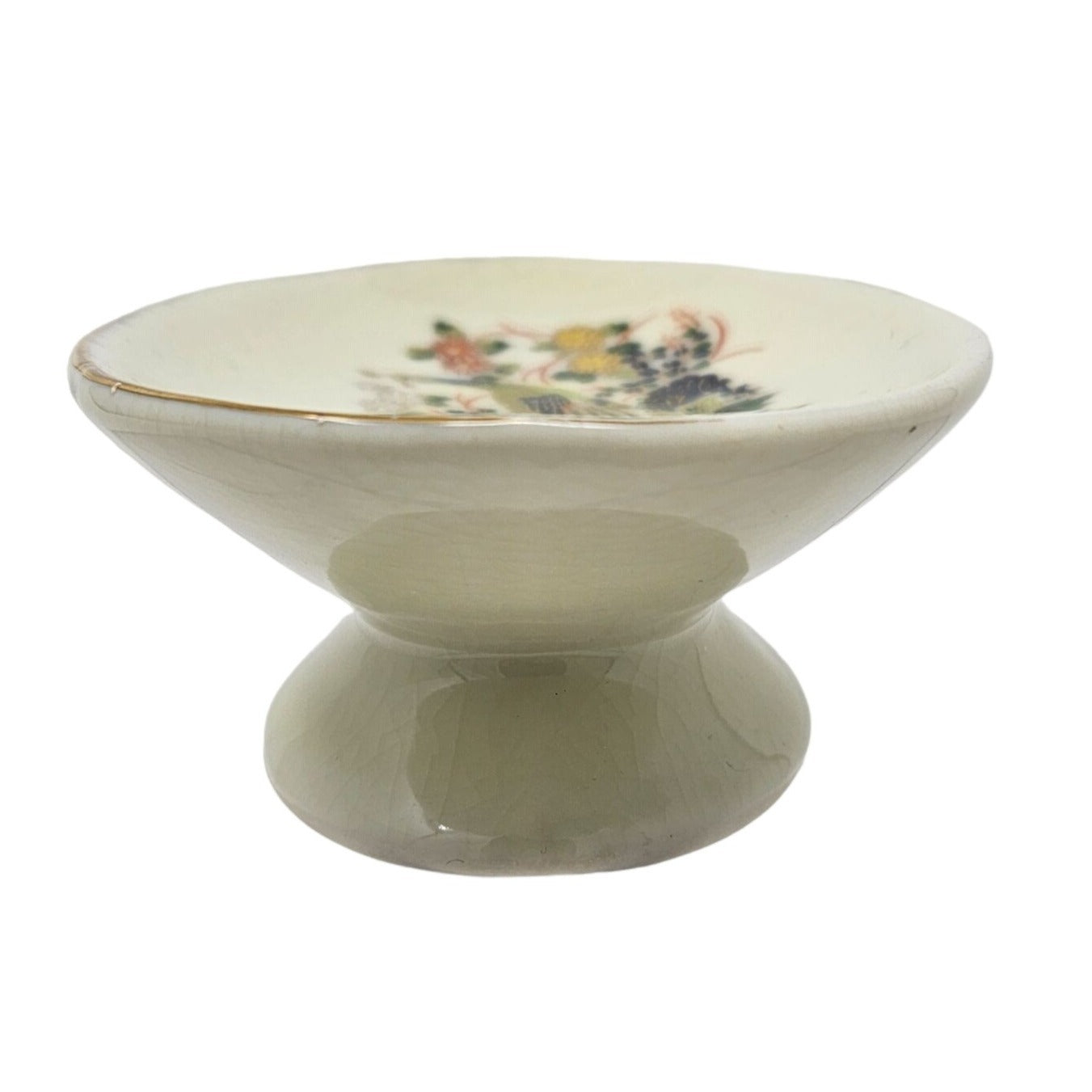 Vtg Pedestal Bowl Peacock Floral Japanese Hand Painted Ceramic Key Candy Dish