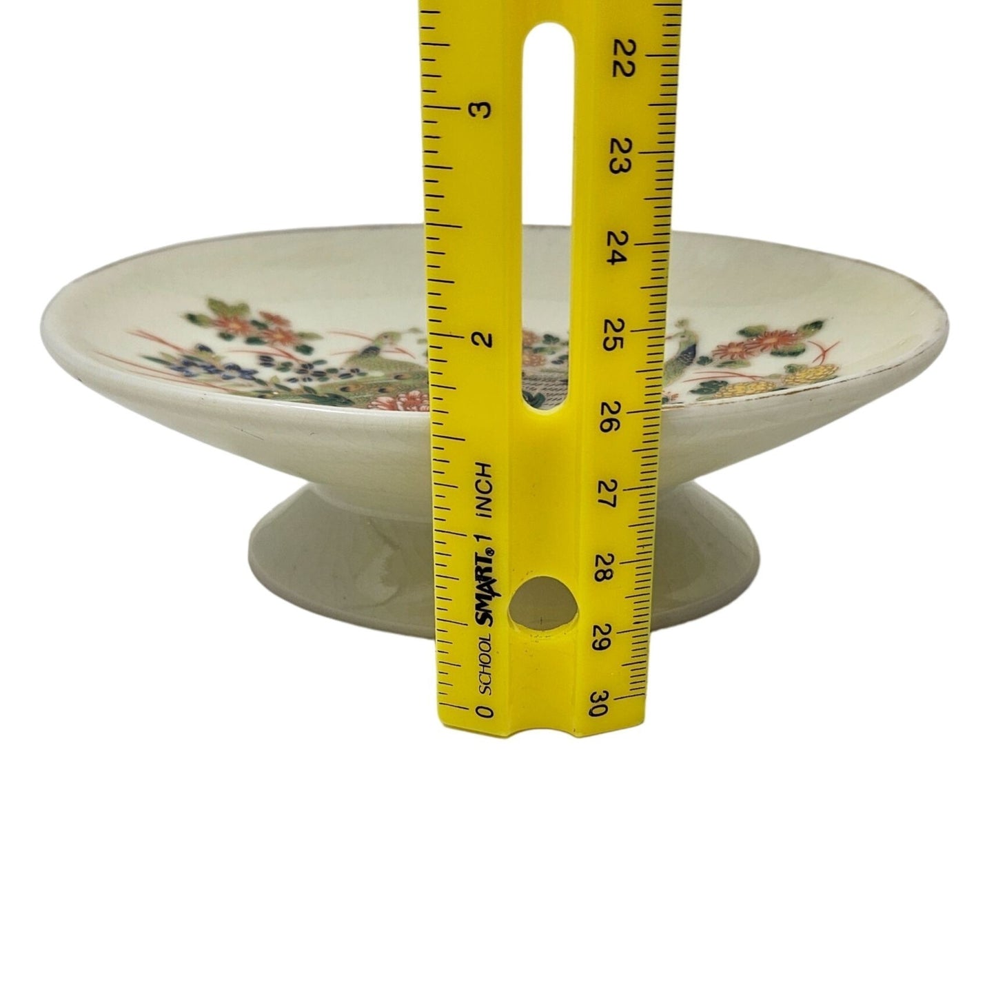 Vtg Pedestal Bowl Peacock Floral Japanese Hand Painted Ceramic Key Candy Dish