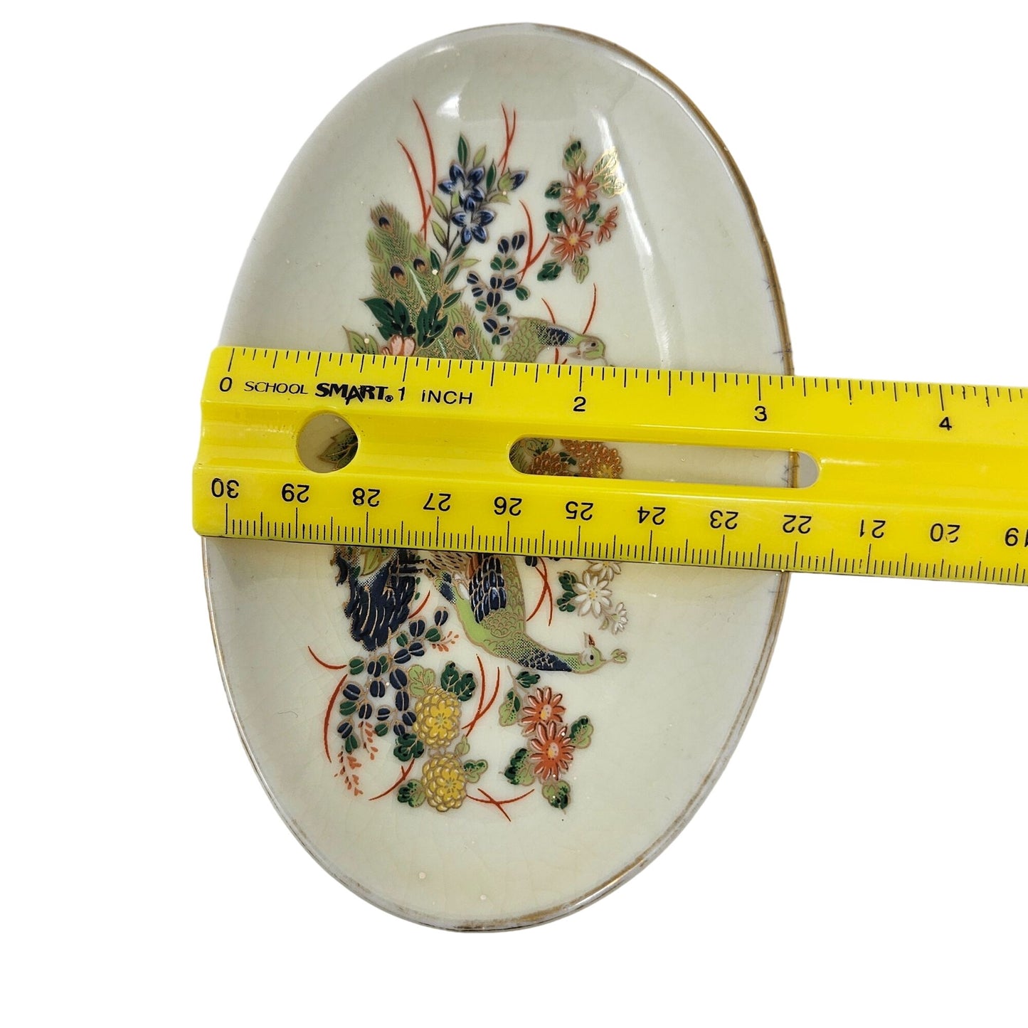 Vtg Pedestal Bowl Peacock Floral Japanese Hand Painted Ceramic Key Candy Dish