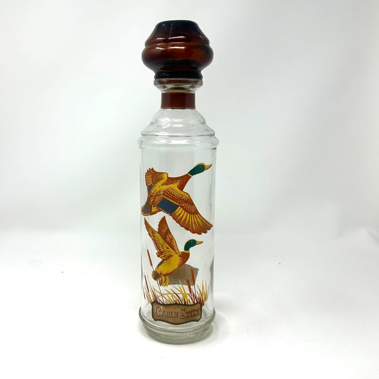 Vtg Cabin Still Bourbon Glass Decanter Sportsman Mallard Duck Amber Stopper