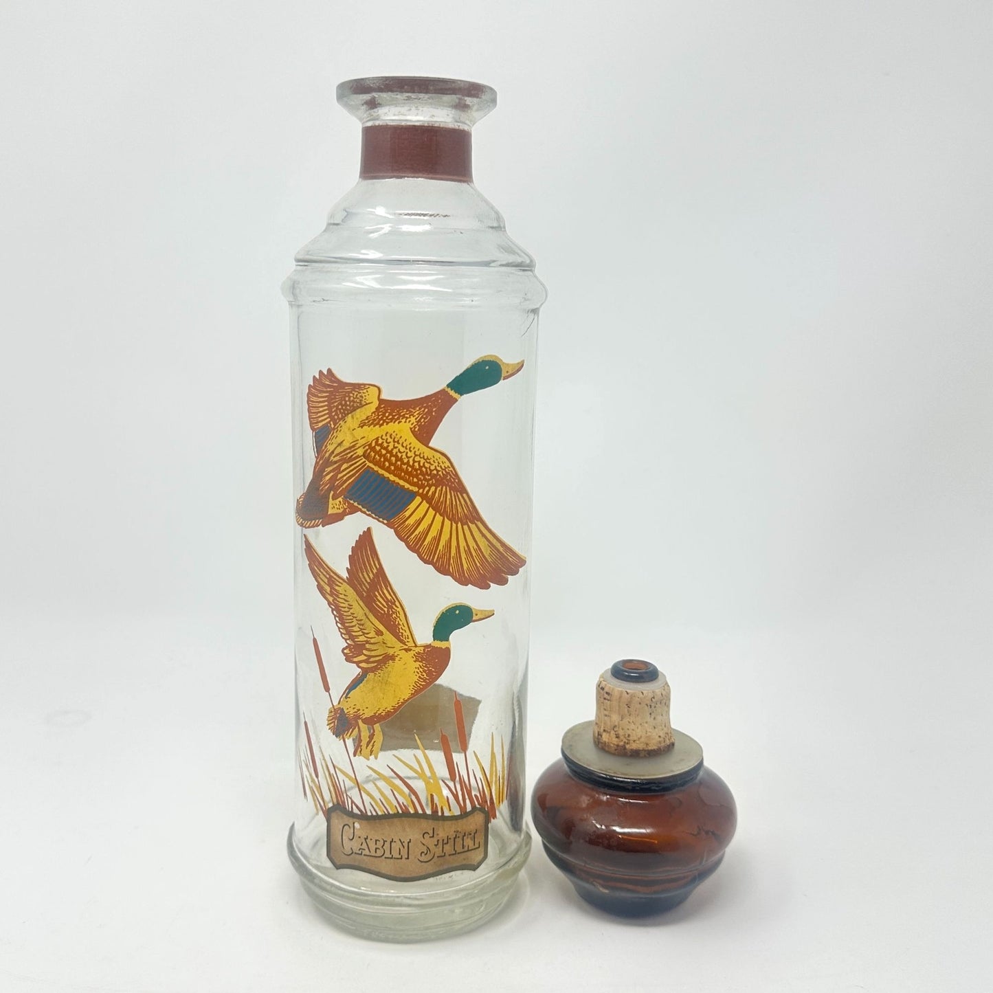 Vtg Cabin Still Bourbon Glass Decanter Sportsman Mallard Duck Amber Stopper