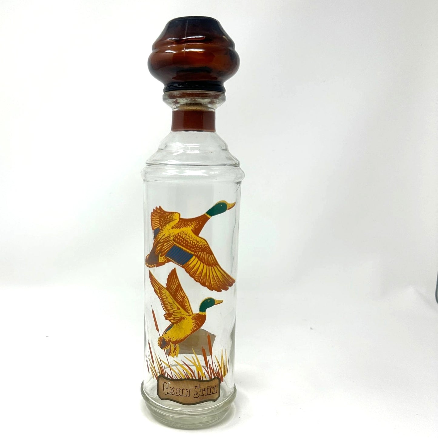 Vtg Cabin Still Bourbon Glass Decanter Sportsman Mallard Duck Amber Stopper
