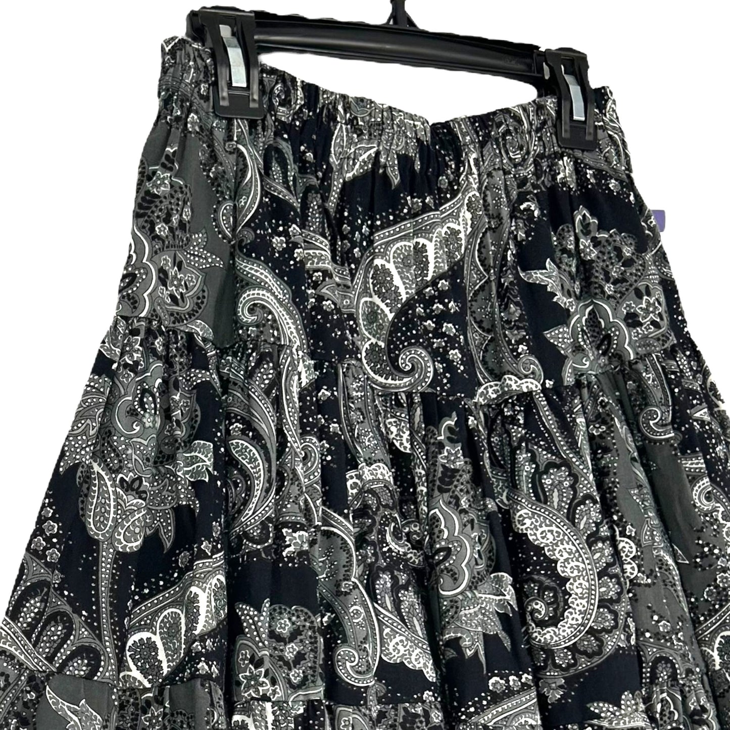 Western Expressions S Gray Black Paisley Circle Skirt Tiered Elastic Waist