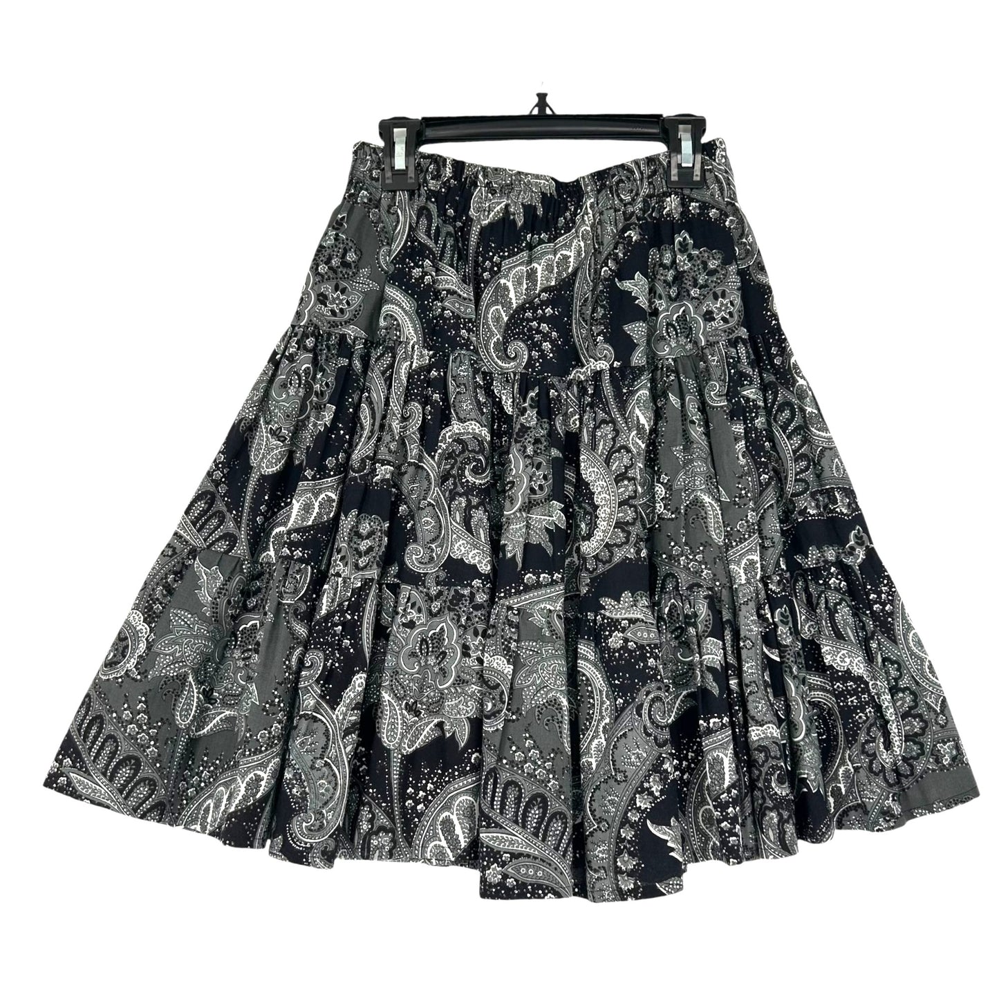 Western Expressions S Gray Black Paisley Circle Skirt Tiered Elastic Waist