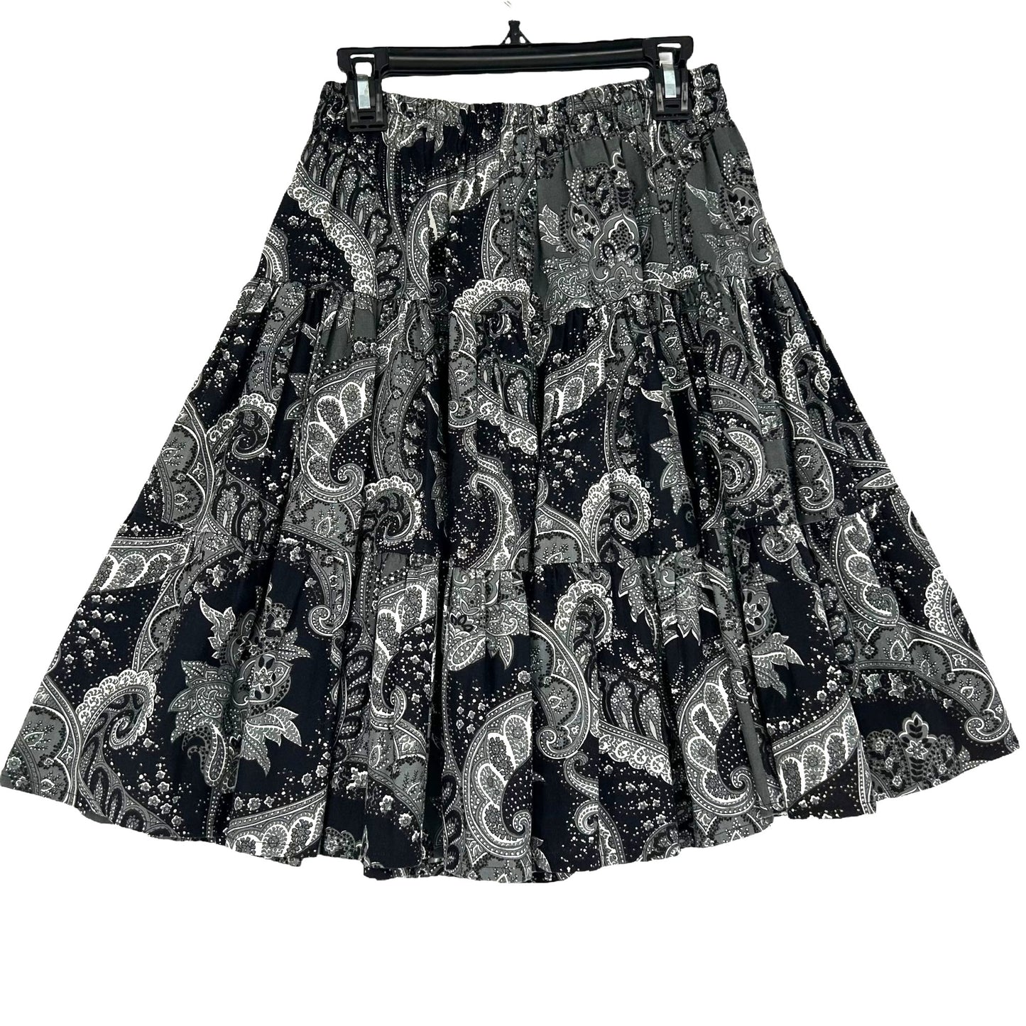 Western Expressions S Gray Black Paisley Circle Skirt Tiered Elastic Waist