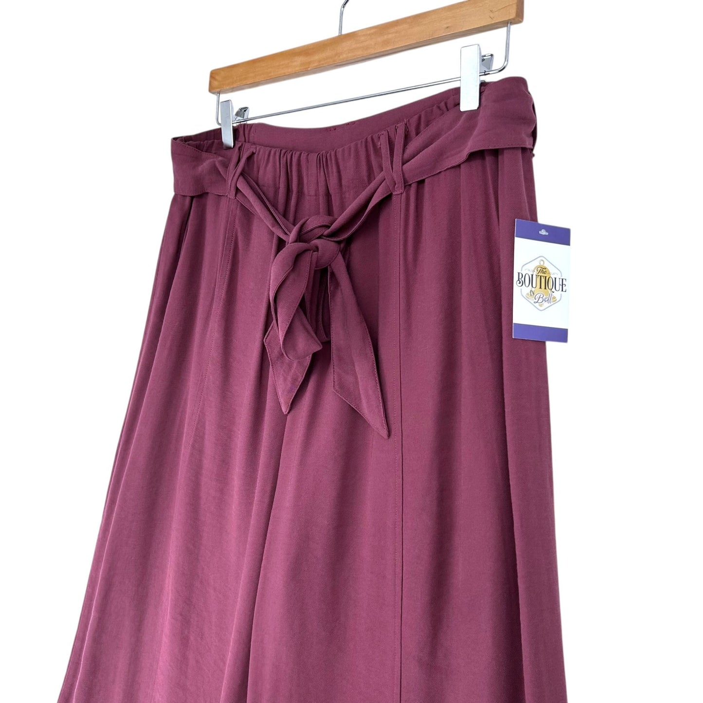 Easel L Plum Mineral Wash Wide Leg Pants Elastic Waist Belted Womens Relaxed Fit