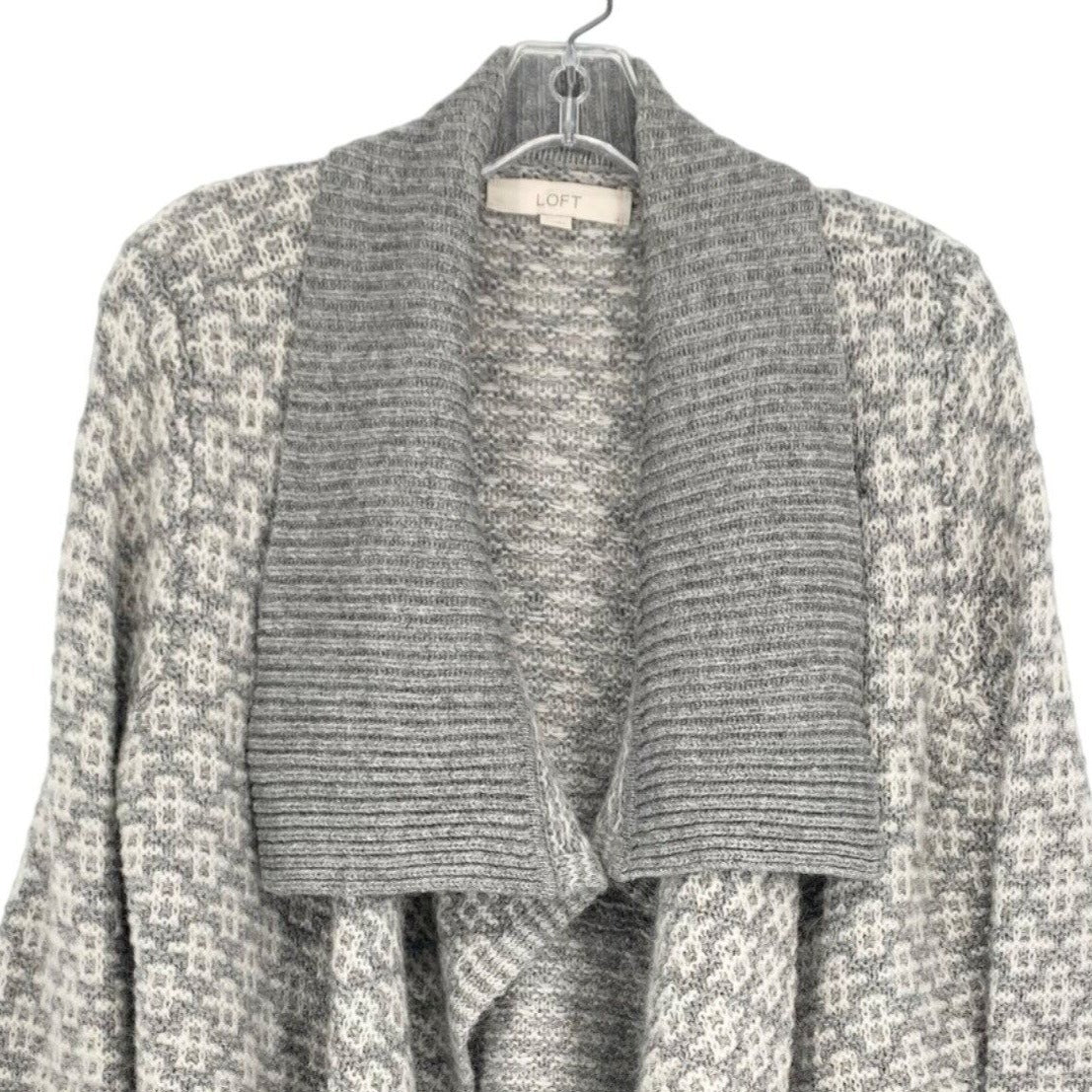 Loft Womens M Gray White Open Front Cardigan Sweater Drape Collar Chunky Knit