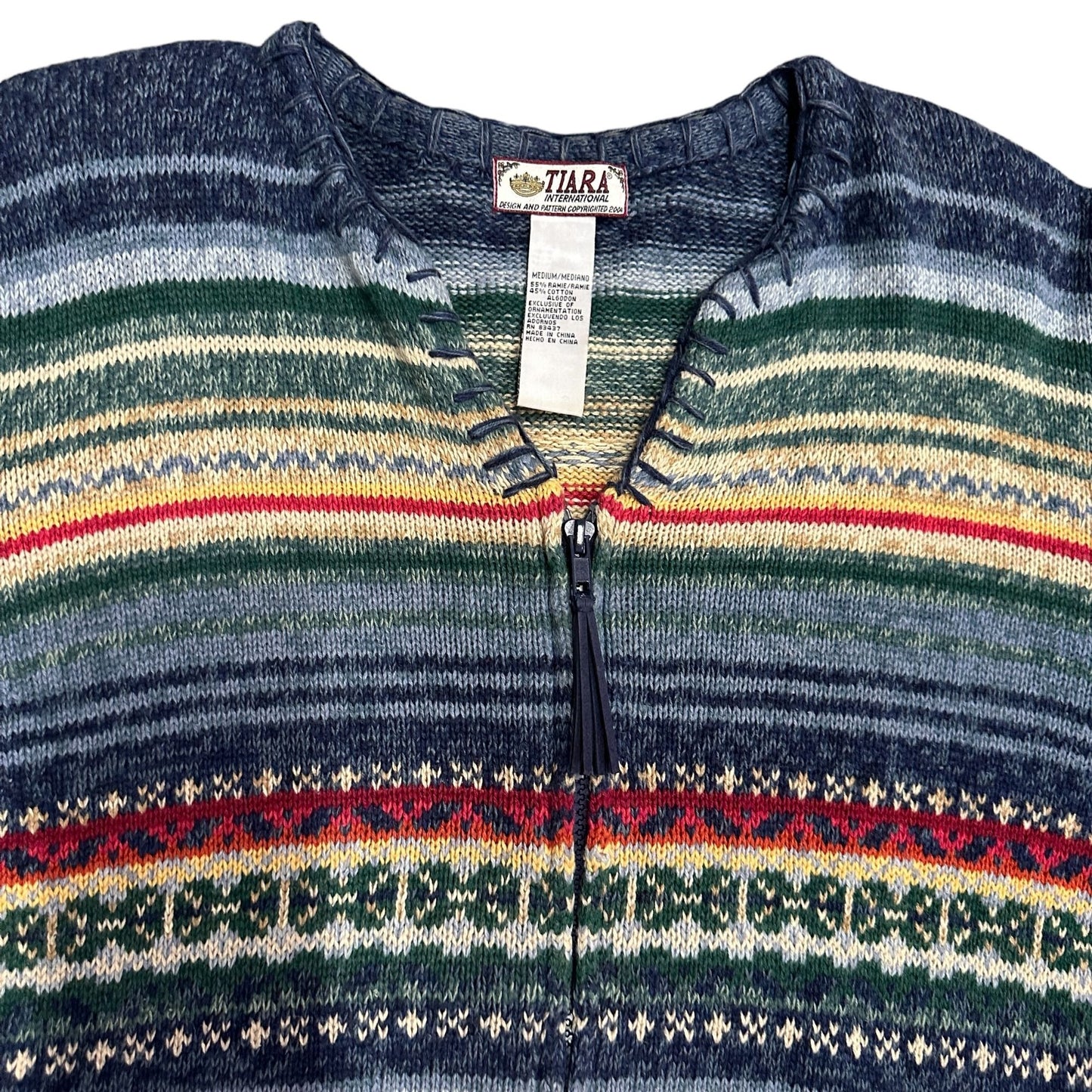 Vtg Tiara International Cardigan Sweater M Striped Full Zip Preppy Granny Cozy