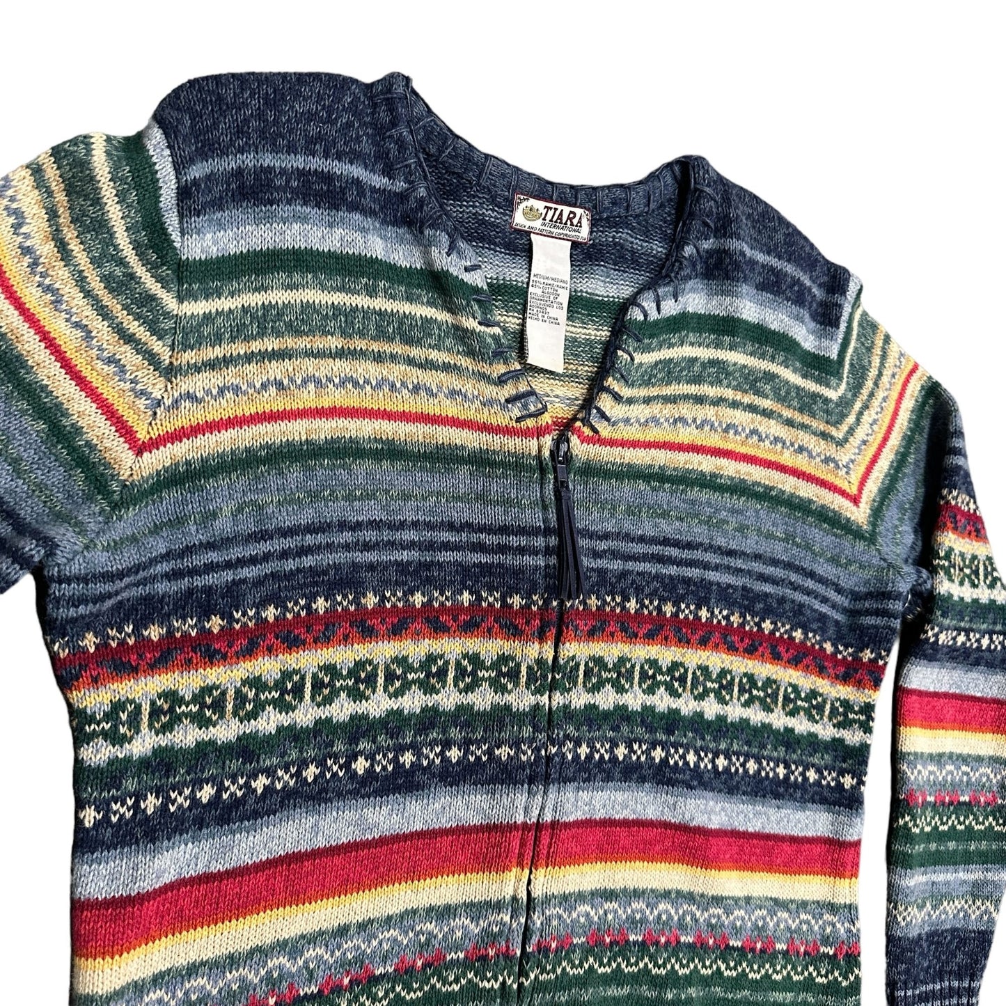 Vtg Tiara International Cardigan Sweater M Striped Full Zip Preppy Granny Cozy