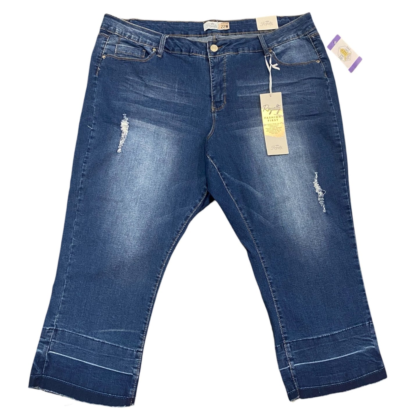 NWT Royalty Fashion Capri Jeans Distressed Blue Denim Mid Rise 22W Casual Basics