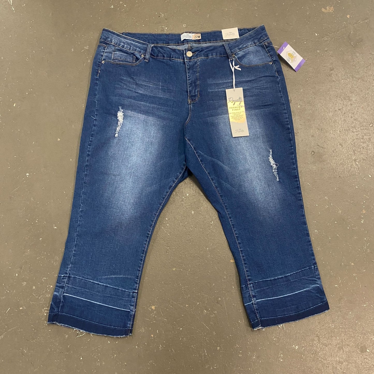 NWT Royalty Fashion Capri Jeans Distressed Blue Denim Mid Rise 22W Casual Basics