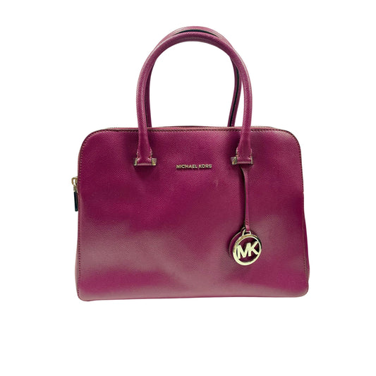 Michael Kors Magenta Leather Satchel Tote Bag With Gold Hardware & Double Zipper