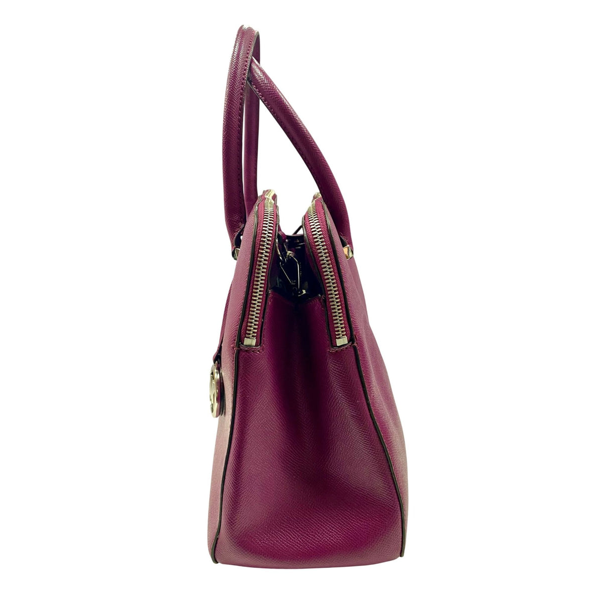 Michael Kors Magenta Leather Satchel Tote Bag With Gold Hardware & Double Zipper