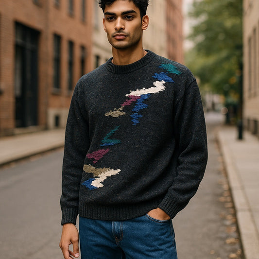 Mens Vtg Pullover Sweater Index 80s Chunky Knit Gray Abstract Oversized Medium