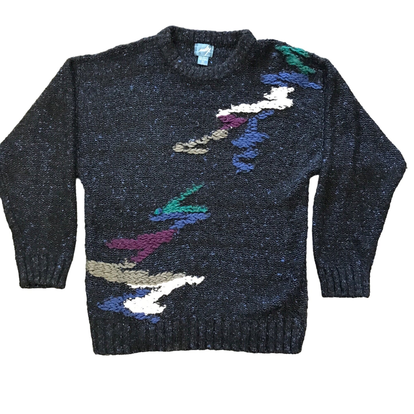 Mens Vtg Pullover Sweater Index 80s Chunky Knit Gray Abstract Oversized Medium