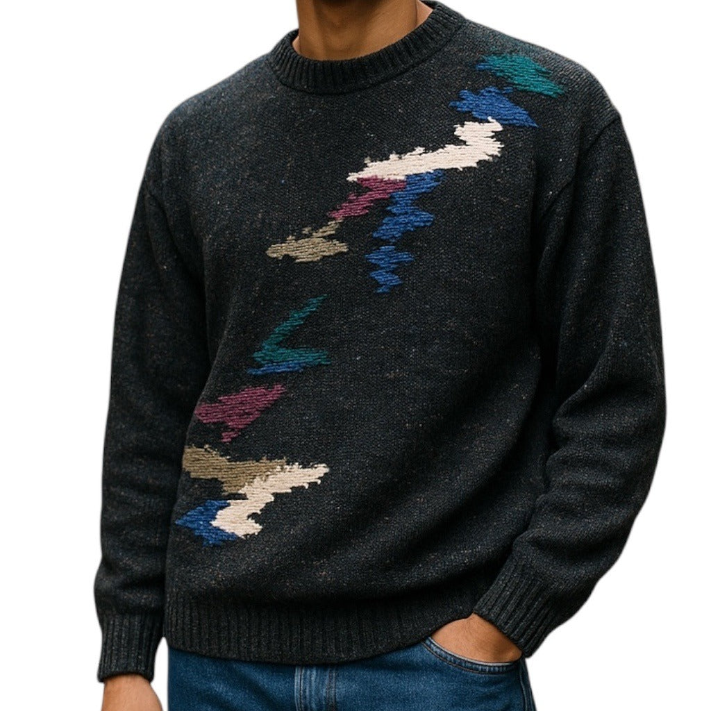 Mens Vtg Pullover Sweater Index 80s Chunky Knit Gray Abstract Oversized Medium