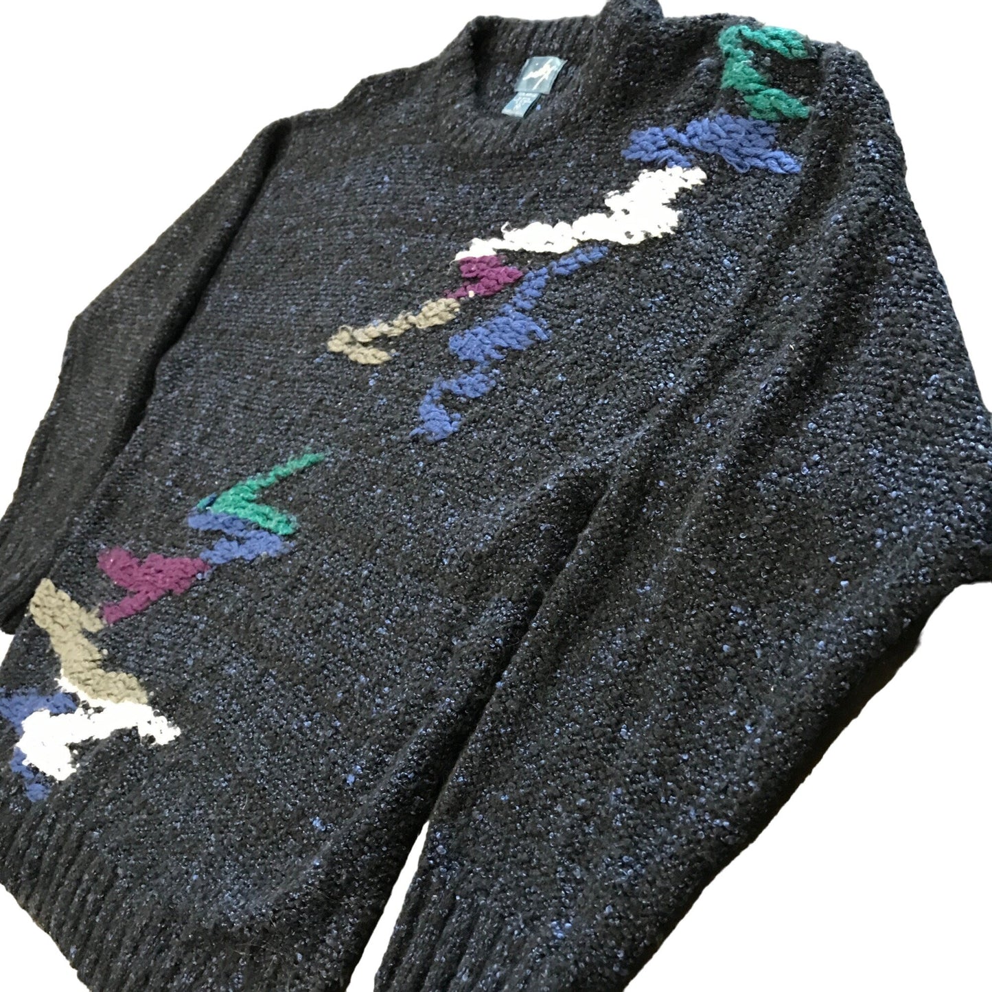 Mens Vtg Pullover Sweater Index 80s Chunky Knit Gray Abstract Oversized Medium