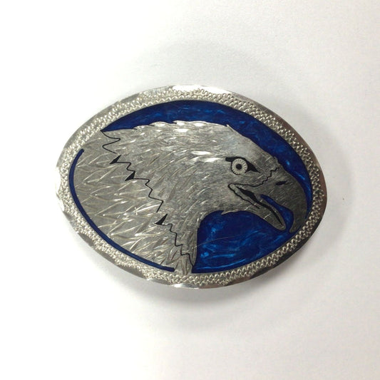 Eagle Oval Silver-Tone Belt Buckle Engraved Design Blue Enamel Background
