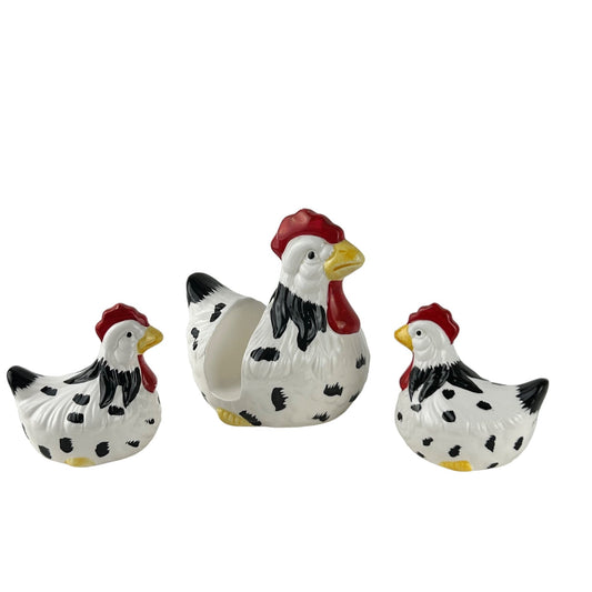 Vintage Rooster Chicken Set Salt Pepper Shaker Napkin Holder White Black Spots