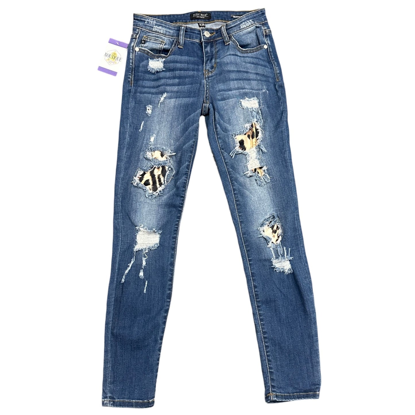 Judy Blue Juniors 3/26 Skinny Fit Ripped Jeans Animal Print Accents Stretch Logo