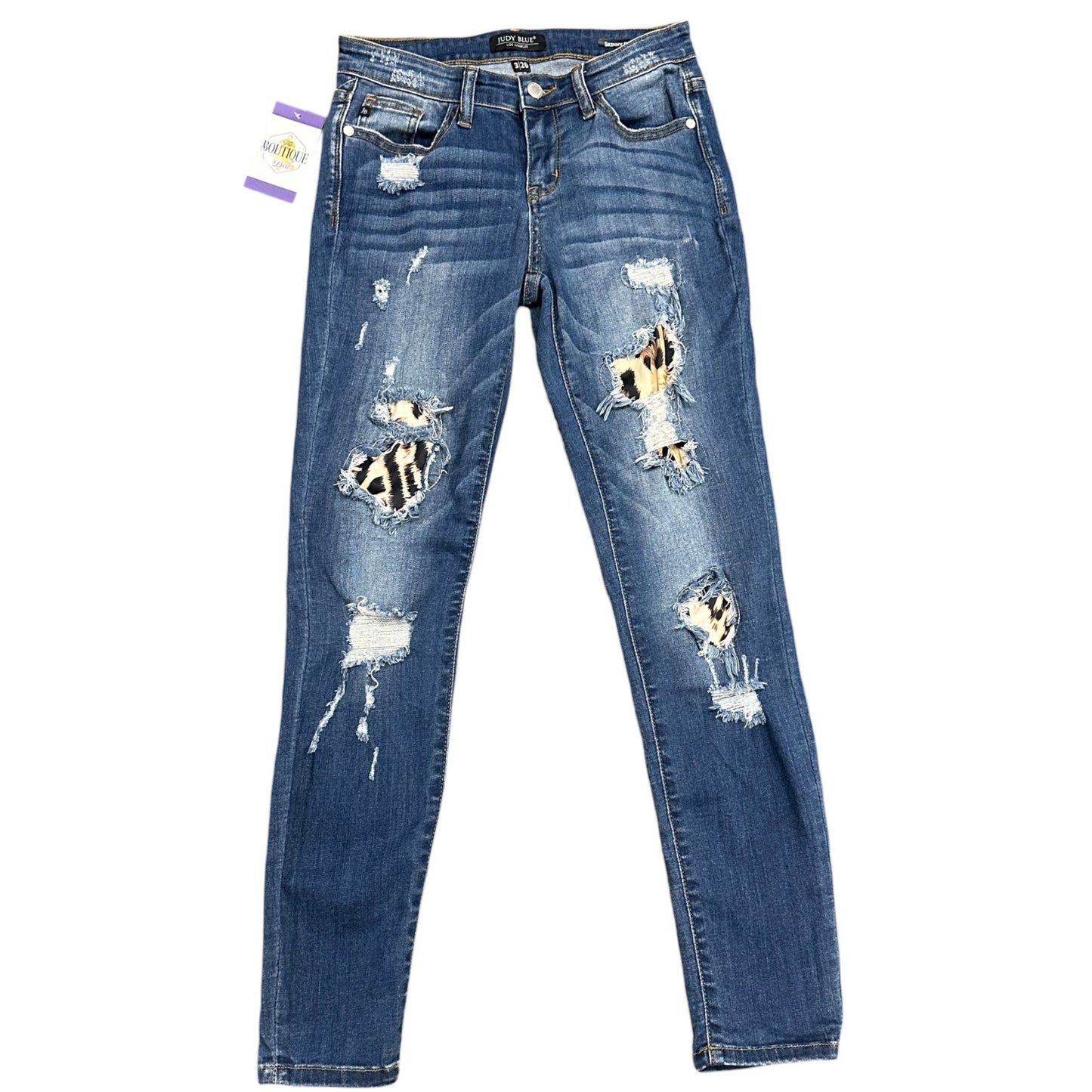 Judy Blue Juniors 3/26 Skinny Fit Ripped Jeans Animal Print Accents Stretch Logo