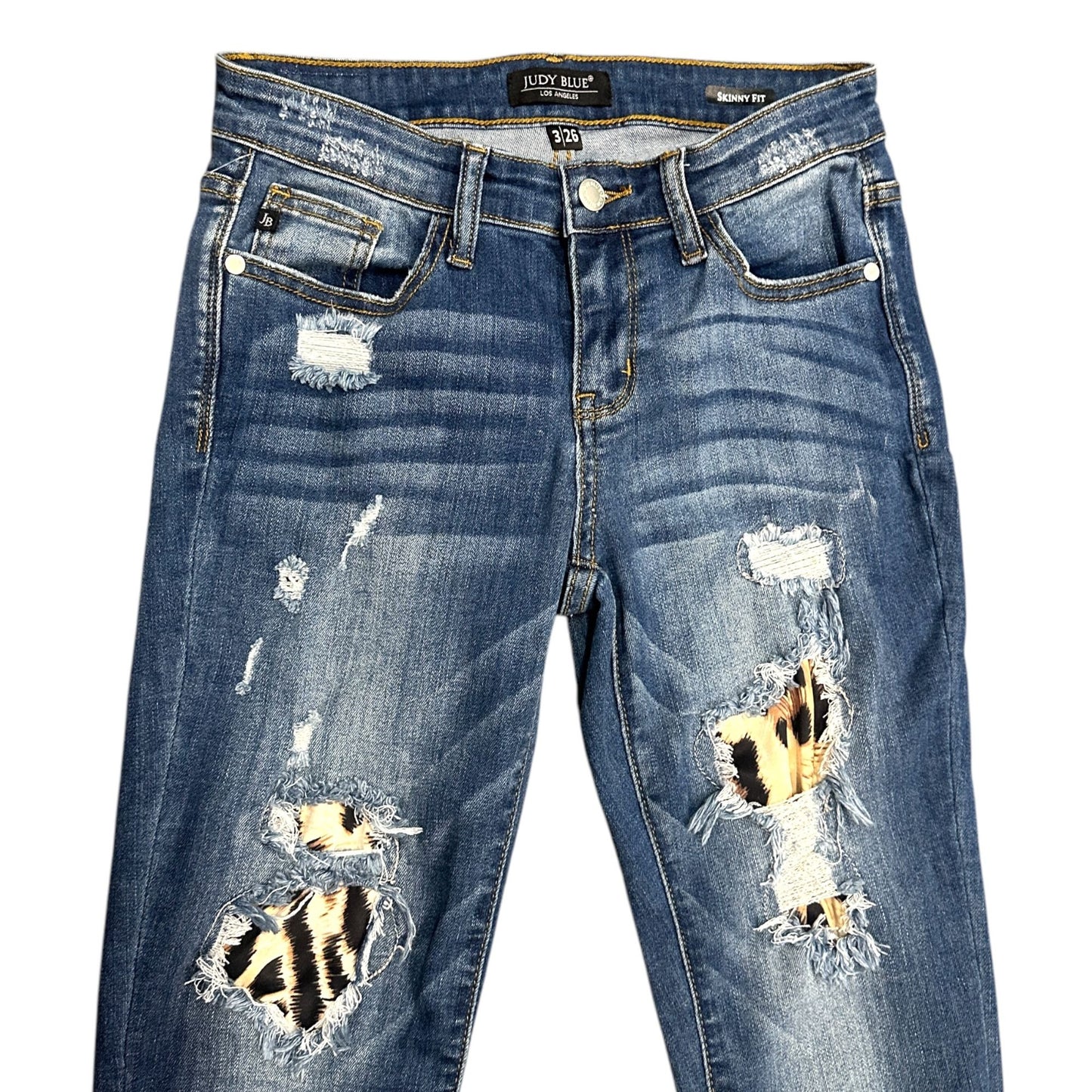 Judy Blue Juniors 3/26 Skinny Fit Ripped Jeans Animal Print Accents Stretch Logo